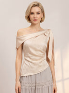 One-Shoulder Bowknot Satin Top | Apricot Lace Trim