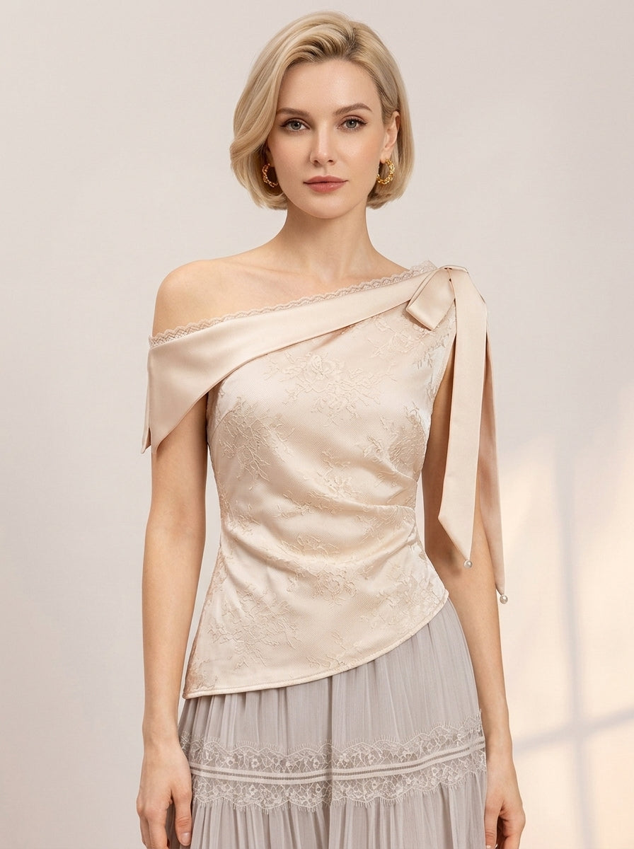 One-Shoulder Bowknot Satin Top | Apricot Lace Trim