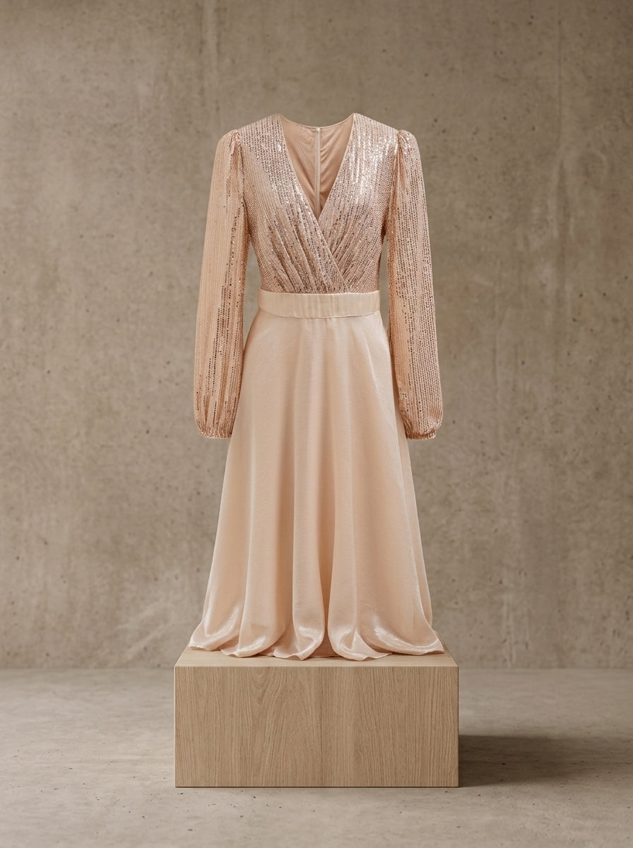 Plunging Spliced Sequined Skater Dress | Apricot