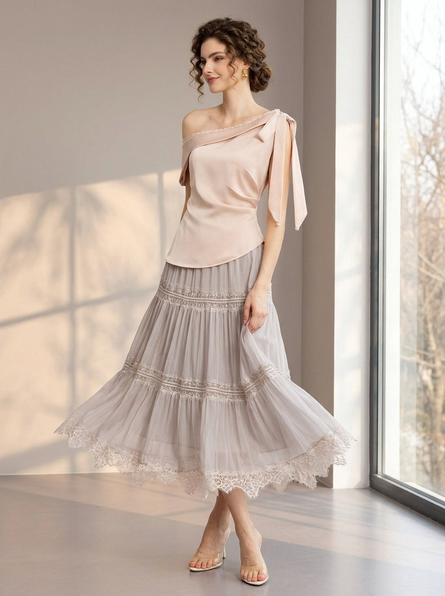 One-Shoulder Bowknot Satin Top | Apricot Lace Trim