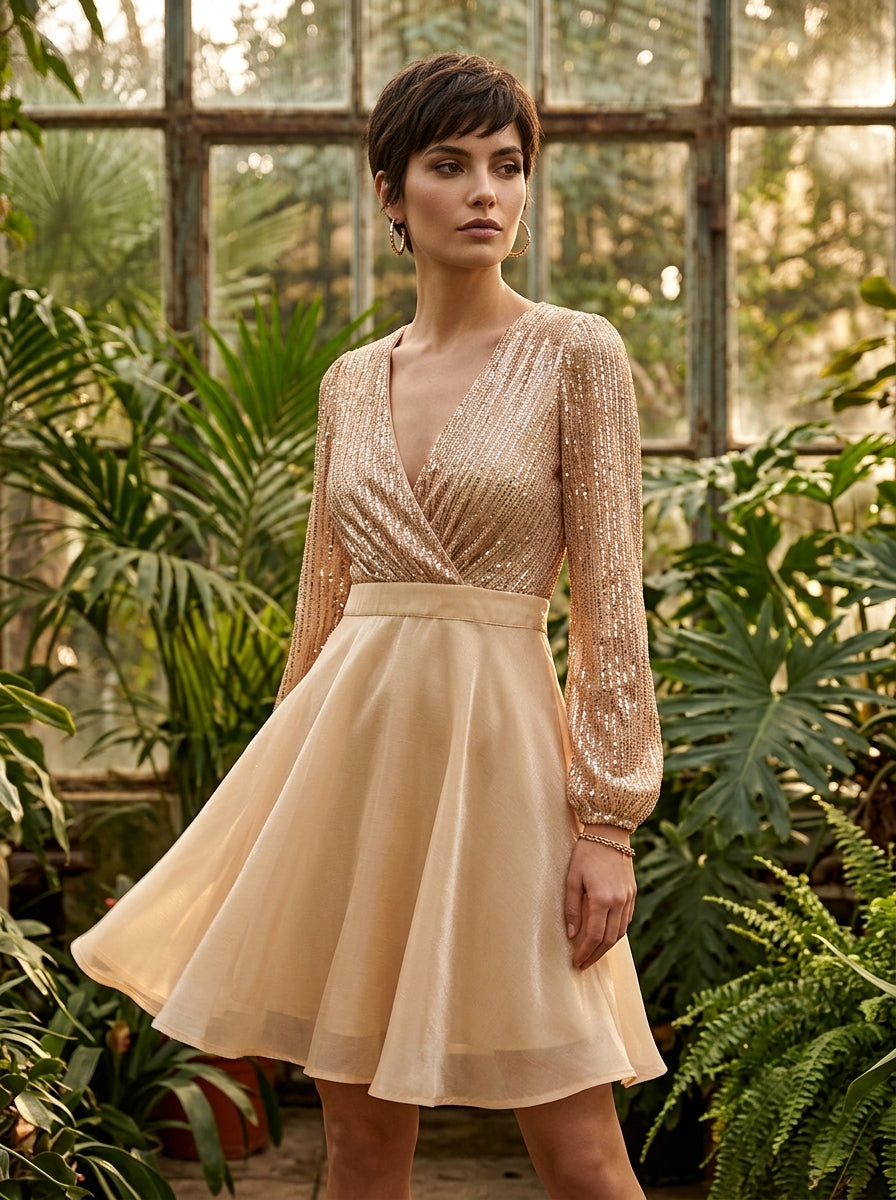 Plunging Spliced Sequined Skater Dress | Apricot