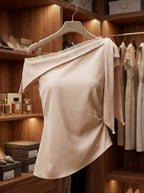 One-Shoulder Bowknot Satin Top | Apricot Lace Trim