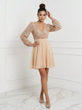 Plunging Spliced Sequined Skater Dress | Apricot