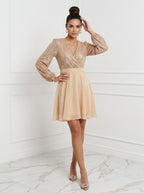 Plunging Spliced Sequined Skater Dress | Apricot