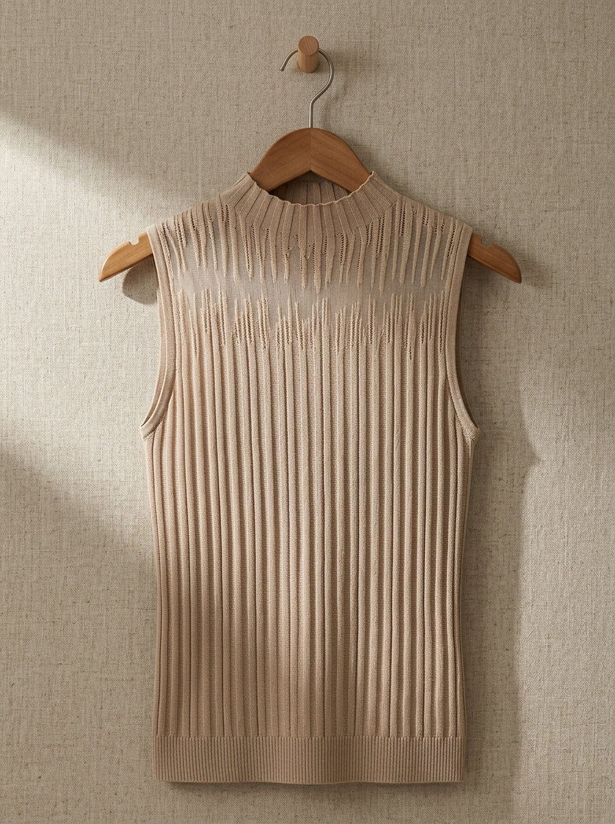 Mesh Inserted Mock Neck Ribbed Knit Tank Top | Tan