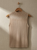 Mesh Inserted Mock Neck Ribbed Knit Tank Top | Tan