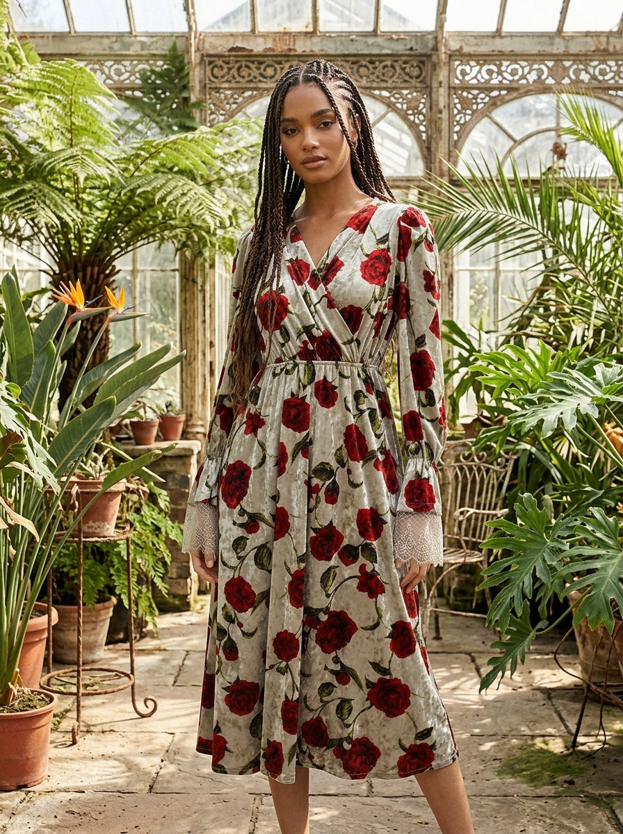 Rose Print Faux-Wrap Velvet Midi Dress