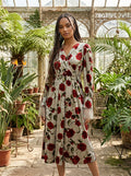 Rose Print Faux-Wrap Velvet Midi Dress