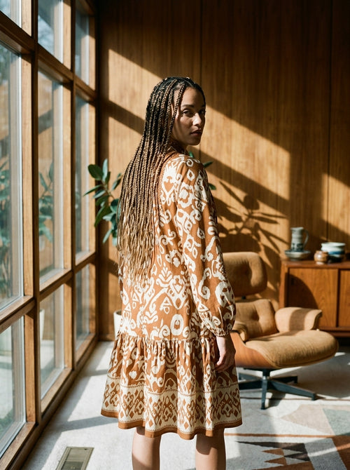 Bohemian Print Bubble Sleeves Frilling Dress