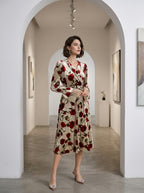 Rose Print Faux-Wrap Velvet Midi Dress