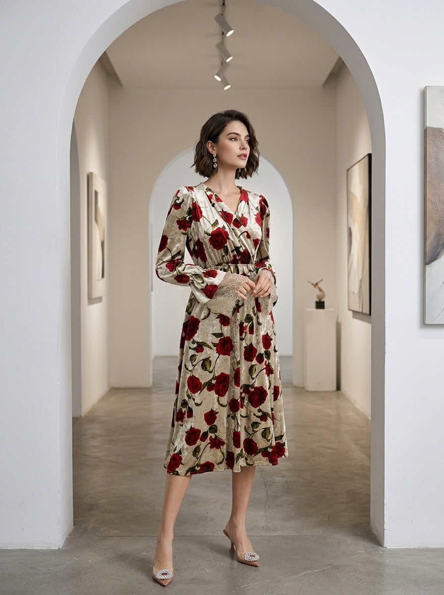 Rose Print Faux-Wrap Velvet Midi Dress