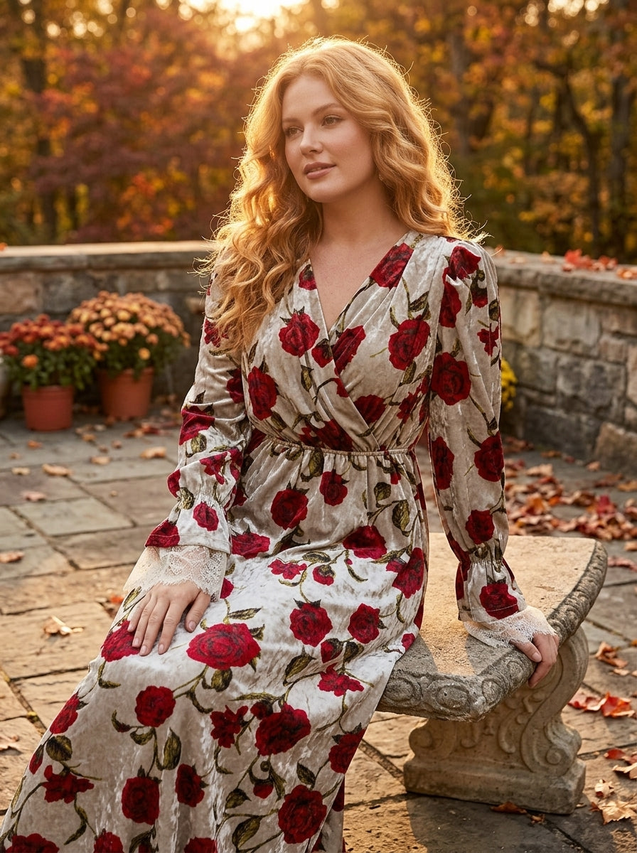 Rose Print Faux-Wrap Velvet Midi Dress