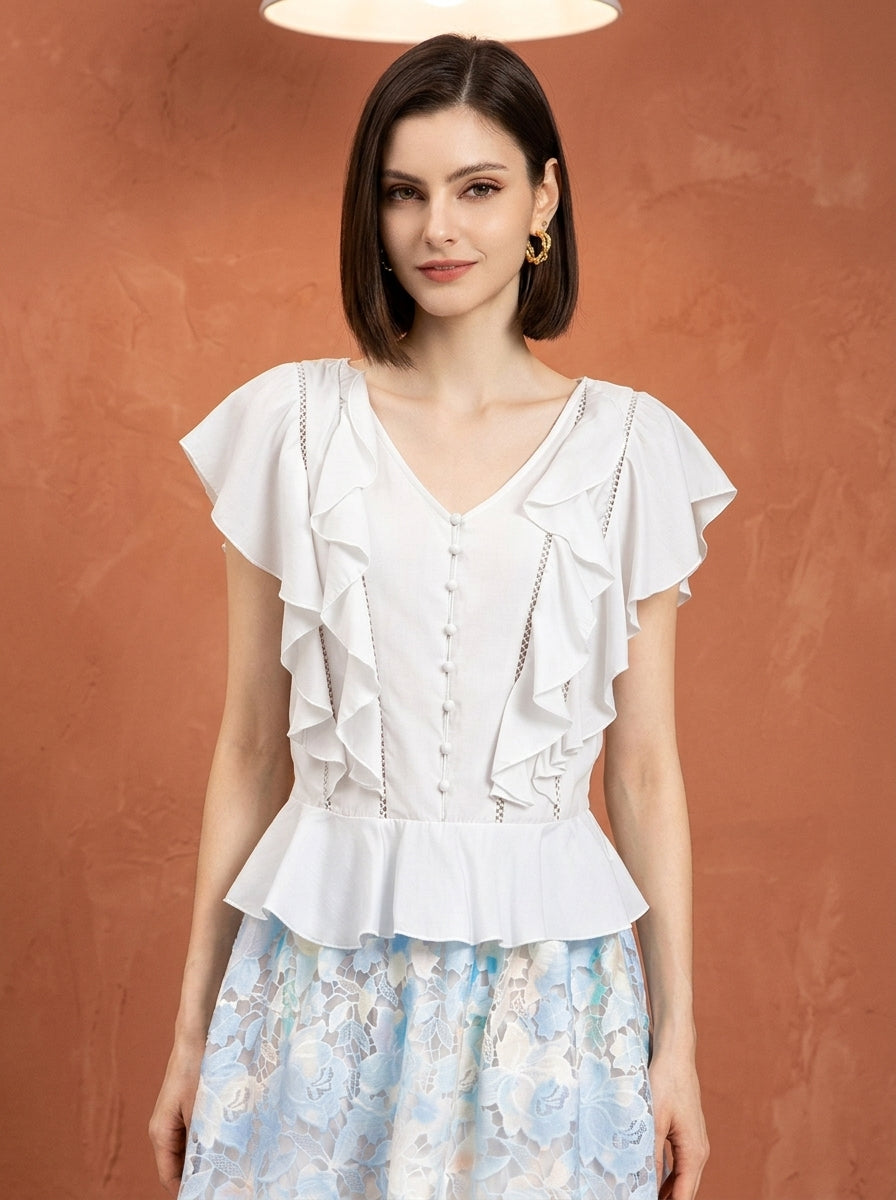 Fluttering Ruffle Ladder-Lace Sleeveless Top | White