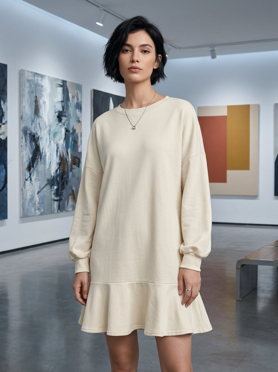 Ruffle Hem Sleeves Shift Mini Dress | Cream