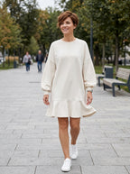 Ruffle Hem Sleeves Shift Mini Dress | Cream