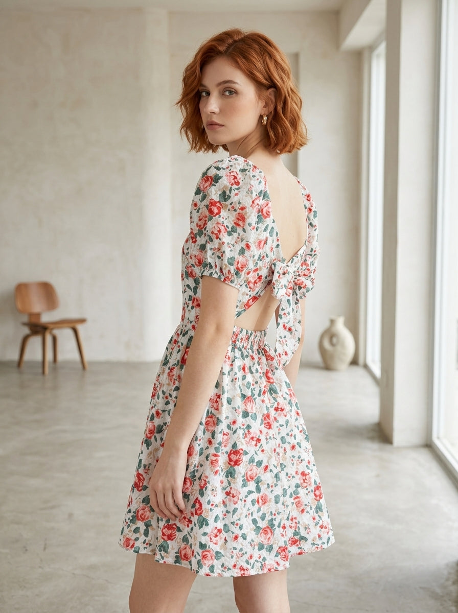 Red Rose Blossom Watercolor Tie Back Dress