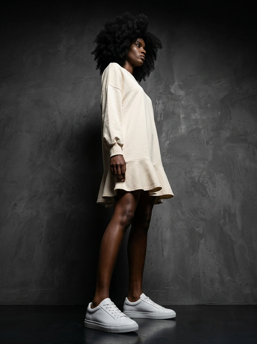 Ruffle Hem Sleeves Shift Mini Dress | Cream