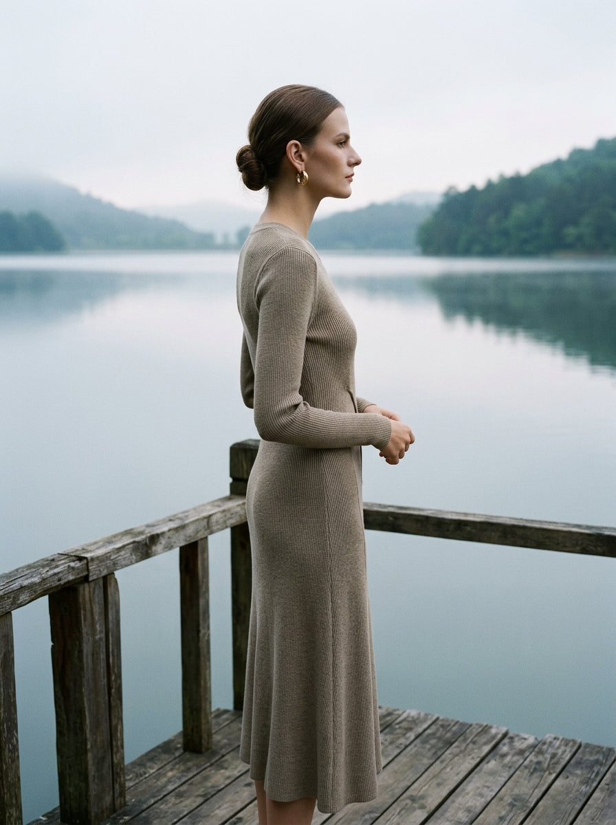 Cross Waist Detail Faux-Wrap Knit Dress | Oatmeal
