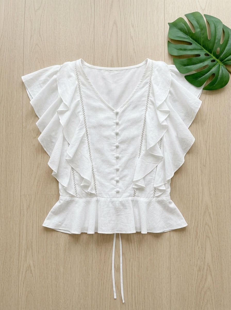 Fluttering Ruffle Ladder-Lace Sleeveless Top | White