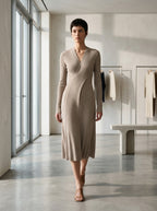 Cross Waist Detail Faux-Wrap Knit Dress | Oatmeal