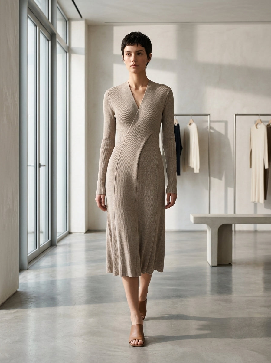 Cross Waist Detail Faux-Wrap Knit Dress | Oatmeal