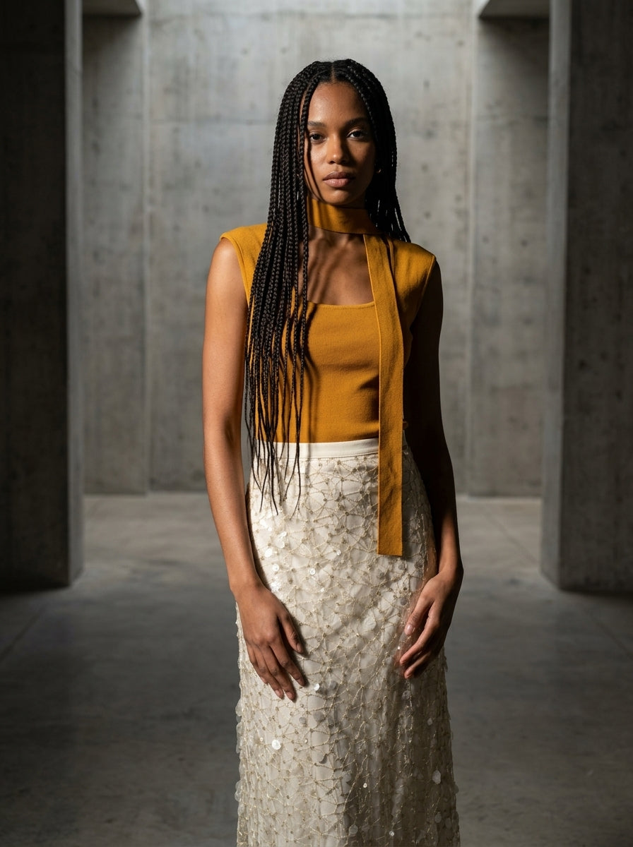 Square Neck Sleeveless Knit Top with Sash | Pumpkin