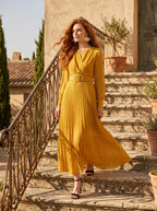 Flowy Chiffon Wrap Pleated Maxi Dress | Yellow