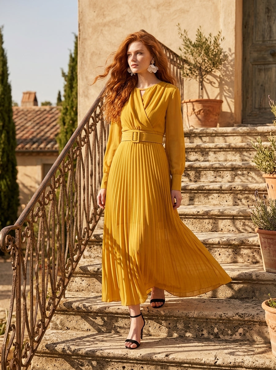 Flowy Chiffon Wrap Pleated Maxi Dress | Yellow