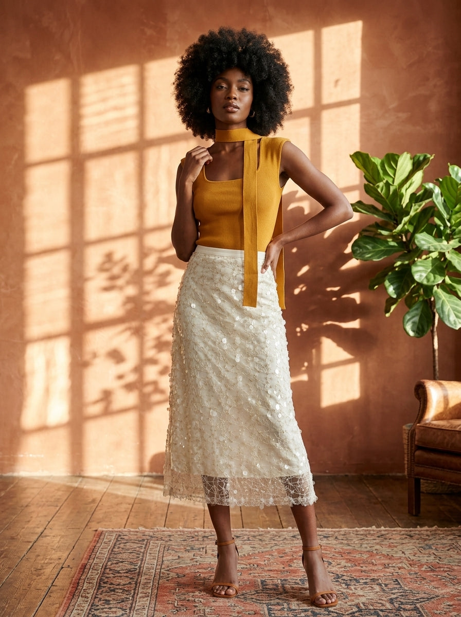 Square Neck Sleeveless Knit Top with Sash | Pumpkin