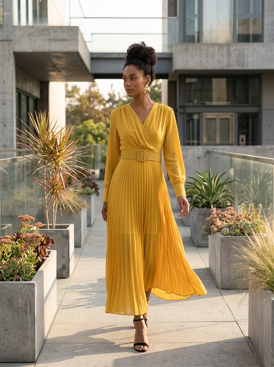Flowy Chiffon Wrap Pleated Maxi Dress | Yellow