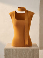 Square Neck Sleeveless Knit Top with Sash | Pumpkin