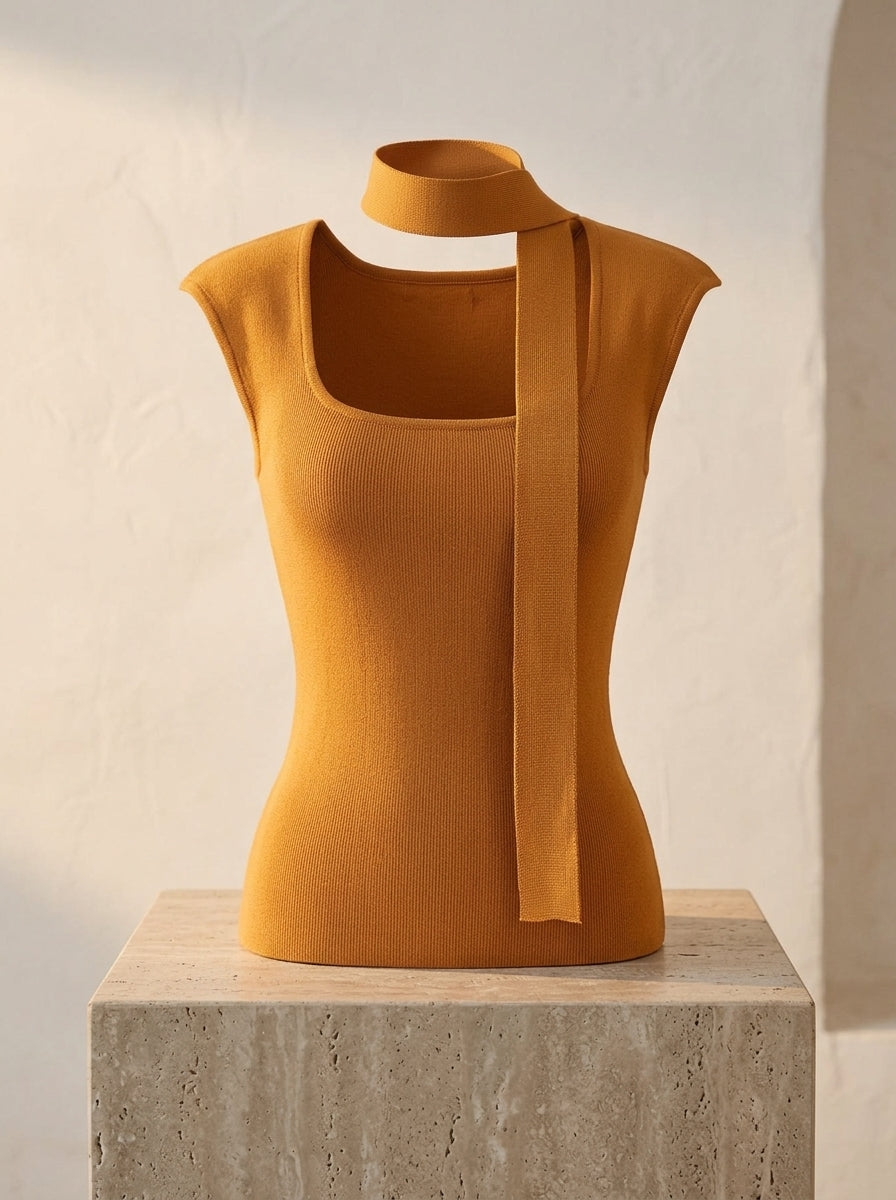 Square Neck Sleeveless Knit Top with Sash | Pumpkin