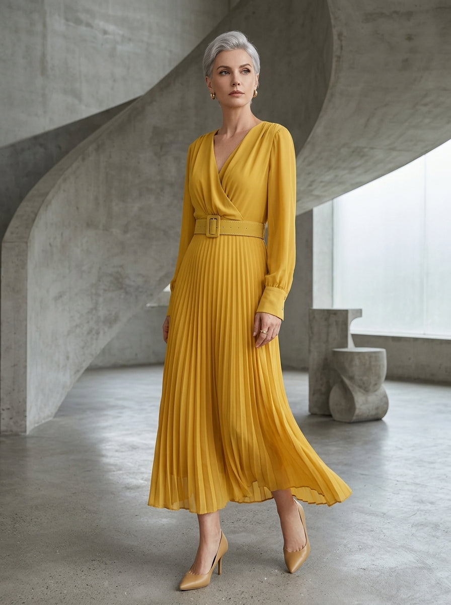 Flowy Chiffon Wrap Pleated Maxi Dress | Yellow