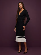 Soft Knit Contrast Hem Wrap Midi Dress | Black