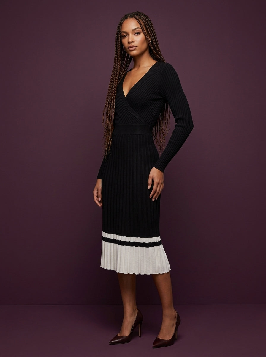 Soft Knit Contrast Hem Wrap Midi Dress | Black
