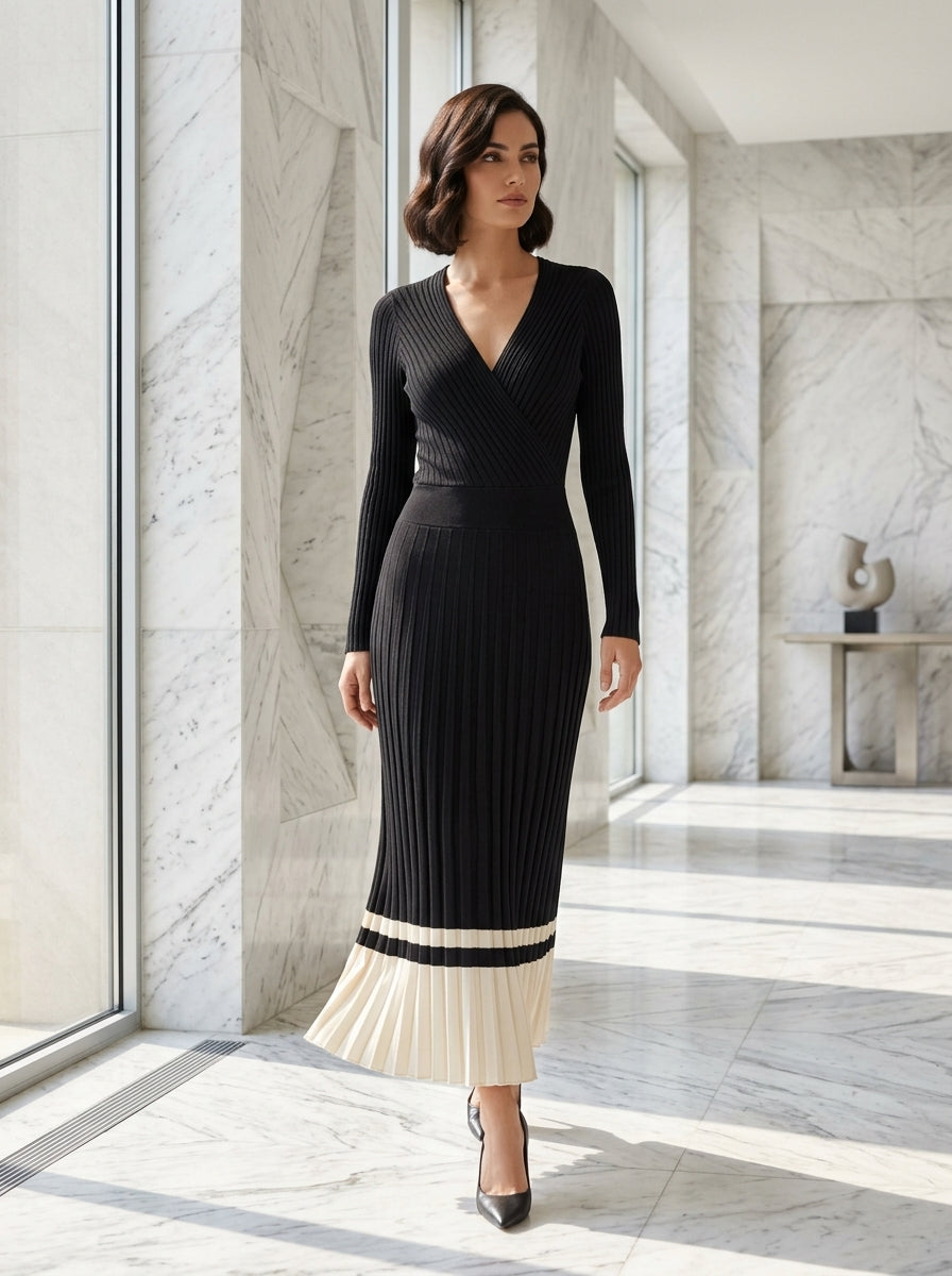 Soft Knit Contrast Hem Wrap Midi Dress | Black