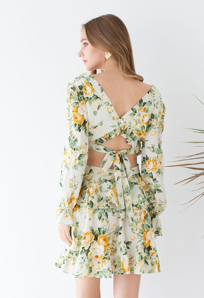 Charming Fragrance Floral Ruffle Dress | Deep V-Neck
