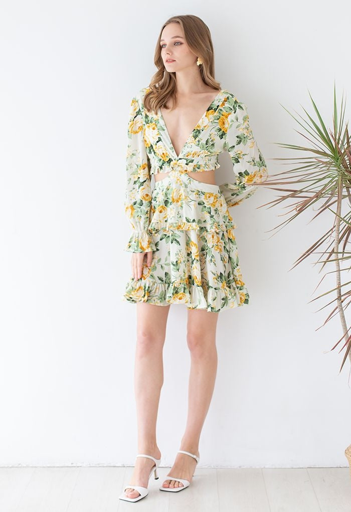 Charming Fragrance Floral Ruffle Dress | Deep V-Neck